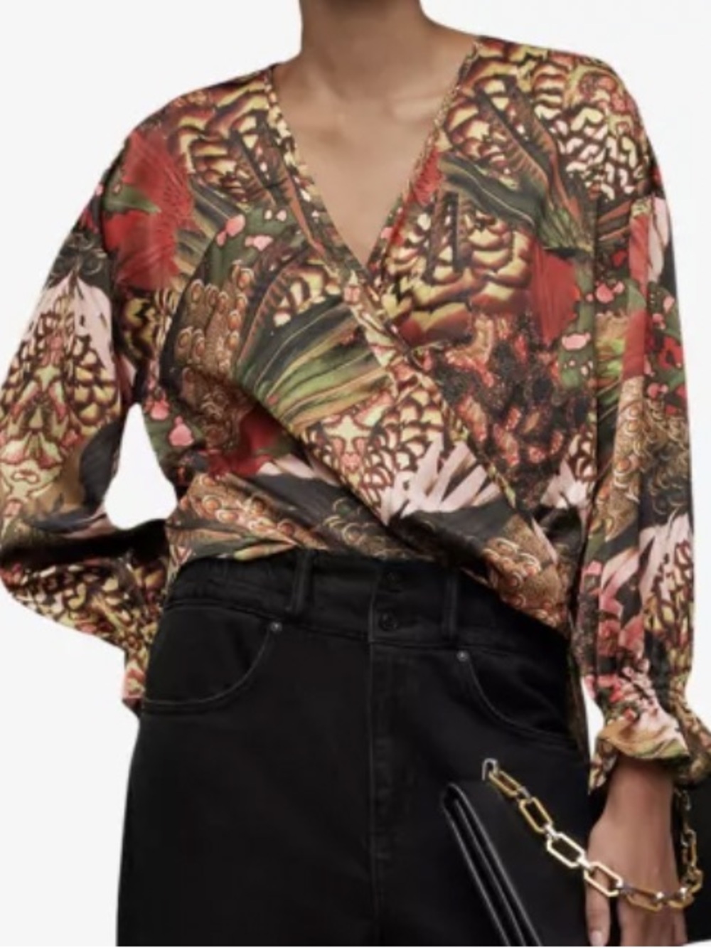AllSaints Penny Gene Abstract Print Wrap Top Blouse Botanical Boho Shirt US 2